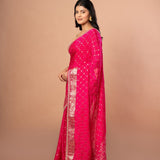 Pink Khaddi Georgette Saree with Golden Zari Weaving with Embroidered Border - Anvi Couture