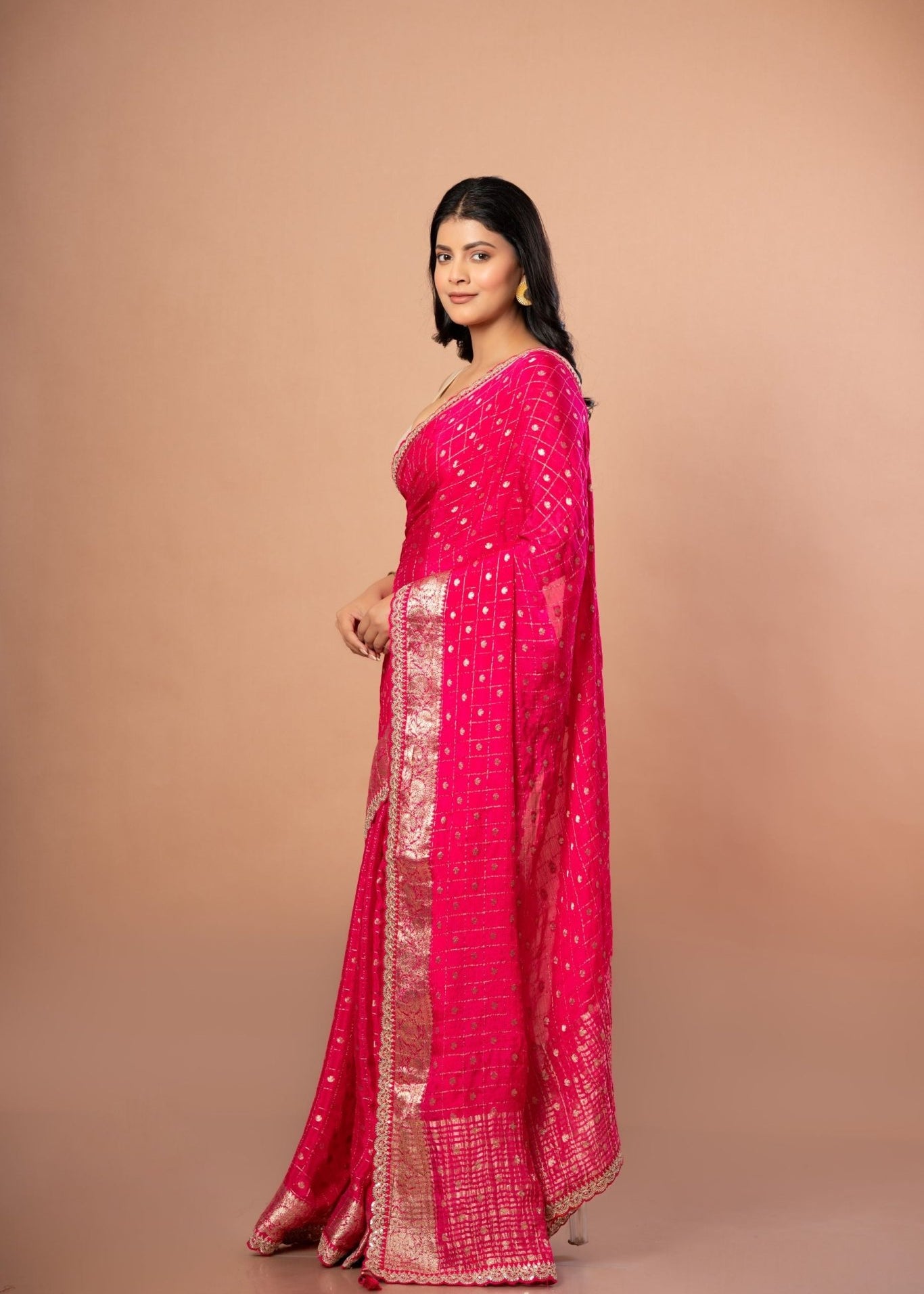 Pink Khaddi Georgette Saree with Golden Zari Weaving with Embroidered Border - Anvi Couture