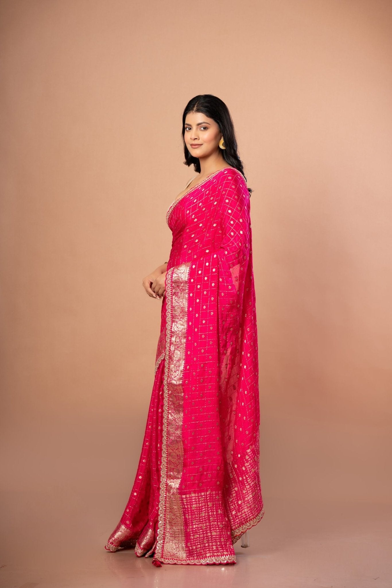 Pink Khaddi Georgette Saree with Golden Zari Weaving with Embroidered Border - Anvi Couture