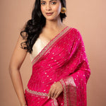 Pink Khaddi Georgette Saree with Golden Zari Weaving with Embroidered Border - Anvi Couture