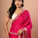 Pink Khaddi Georgette Saree with Golden Zari Weaving with Embroidered Border - Anvi Couture