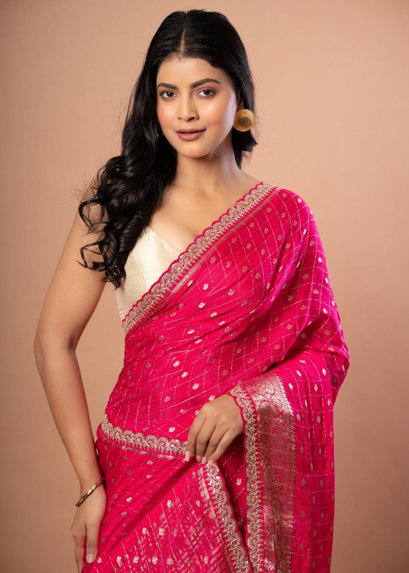 Pink Khaddi Georgette Saree with Golden Zari Weaving with Embroidered Border - Anvi Couture