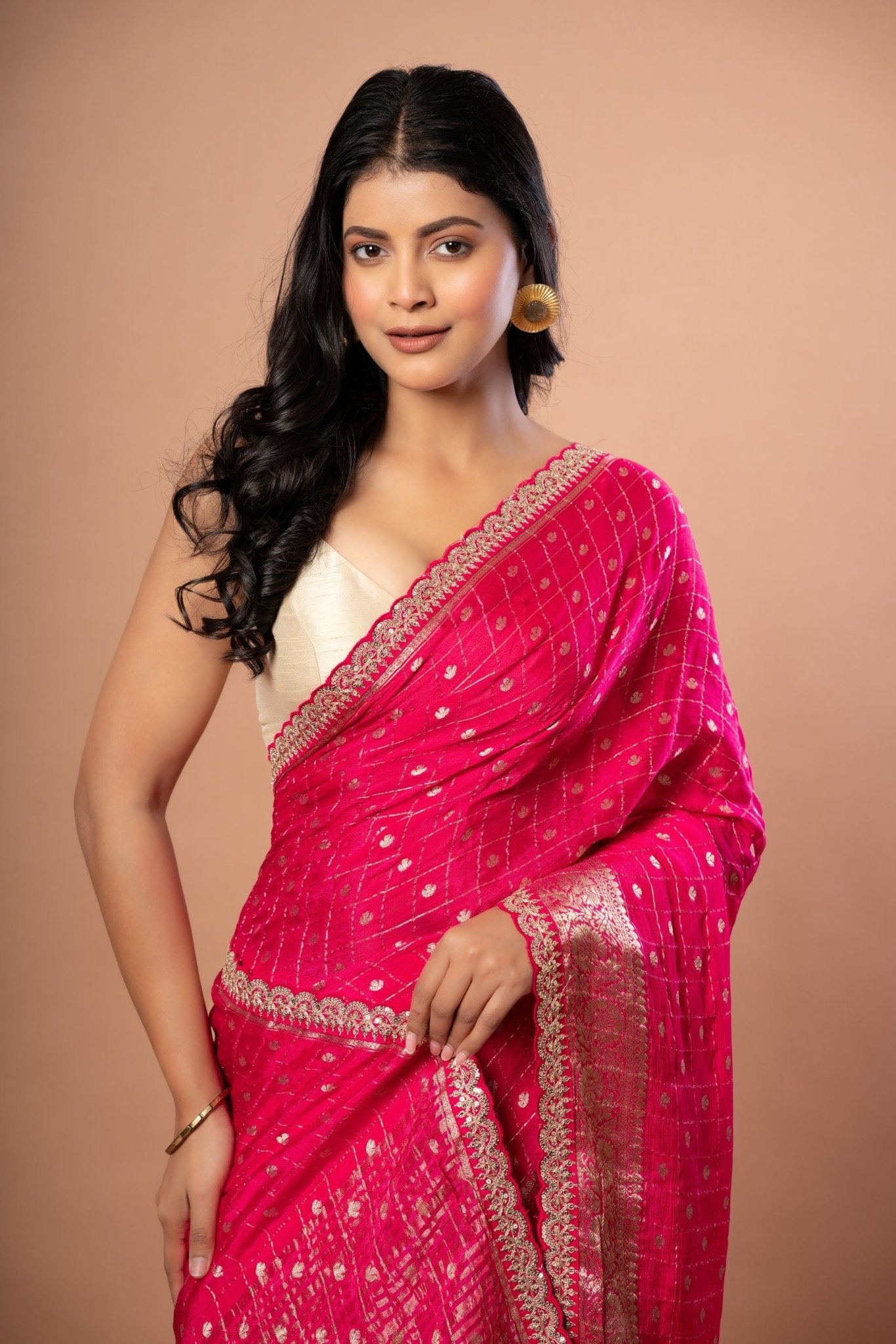 Pink Khaddi Georgette Saree with Golden Zari Weaving with Embroidered Border - Anvi Couture