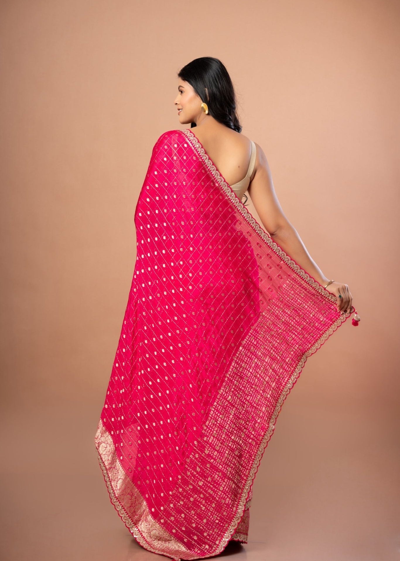 Pink Khaddi Georgette Saree with Golden Zari Weaving with Embroidered Border - Anvi Couture
