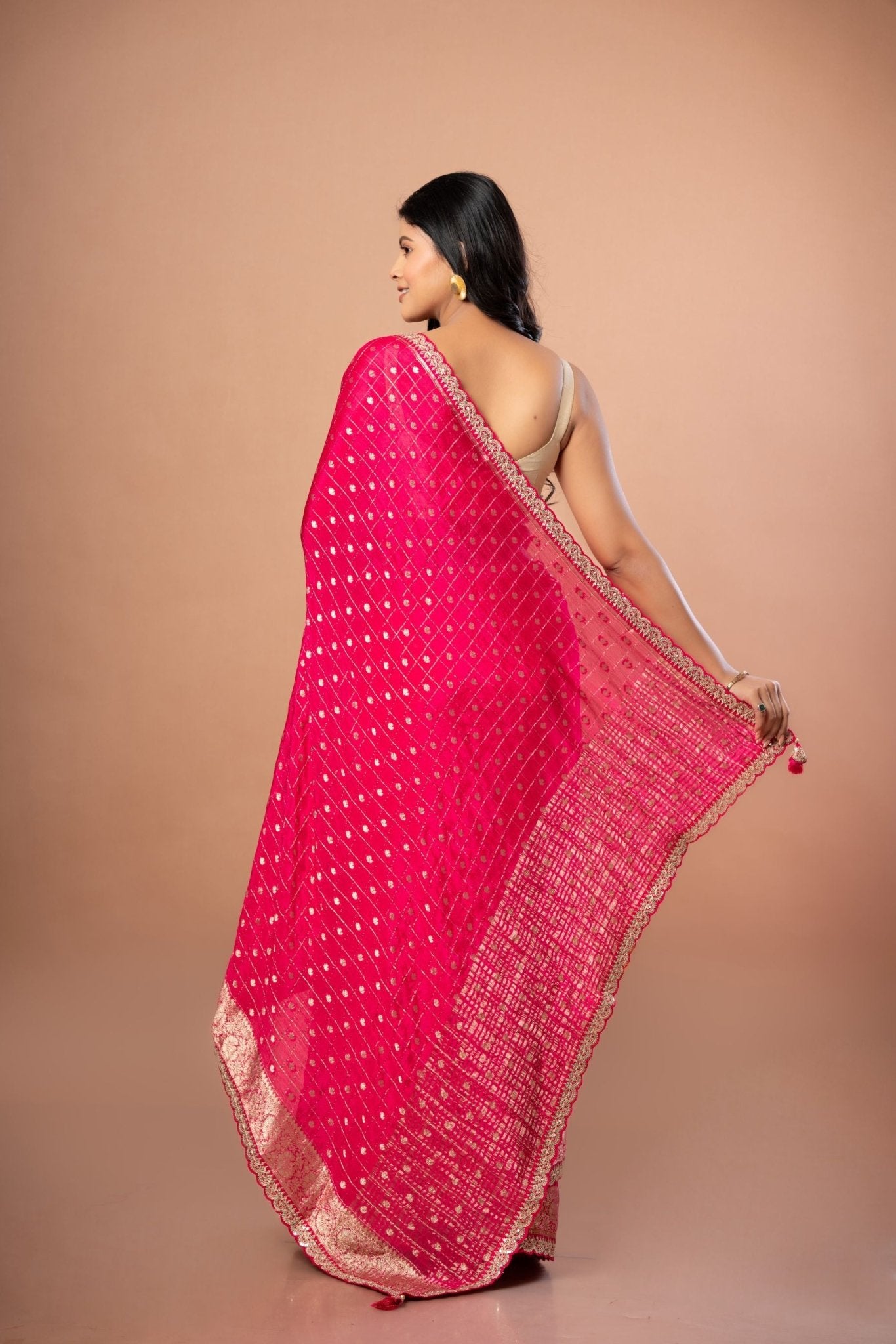Pink Khaddi Georgette Saree with Golden Zari Weaving with Embroidered Border - Anvi Couture