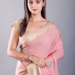 Pink Khaddi georgette saree — close-up of floral embroidery and fabric texture
