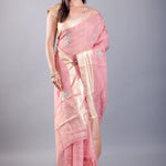 Pink Khaddi georgette saree — full-length pose showing embroidery detail