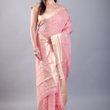 Pink Khaddi georgette saree — full-length pose showing embroidery detail
