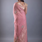 Pink Khaddi georgette saree with floral embroidered work — back view
