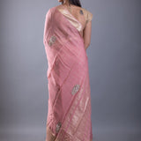 Pink Khaddi georgette saree with floral embroidered work — back view