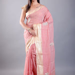 Pink Khaddi georgette saree with floral embroidered work — front drape view, Anvi Couture