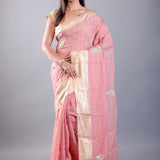 Pink Khaddi georgette saree with floral embroidered work — front drape view, Anvi Couture