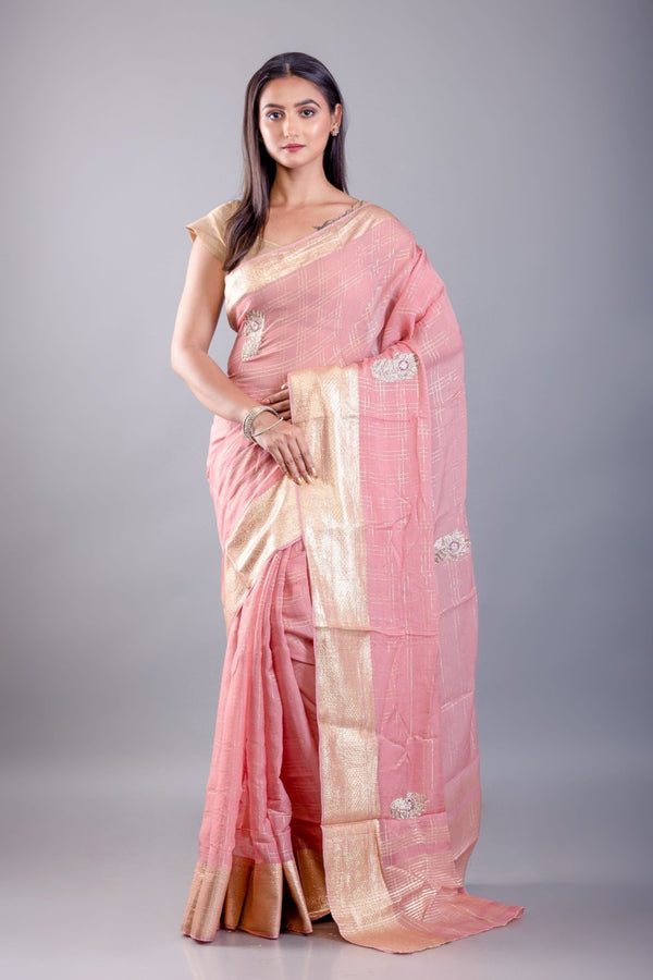 Pink Khaddi georgette saree with floral embroidered work — front drape view, Anvi Couture
