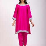 Pink Kurta Set With Embroidered Work Pencil Pant Full