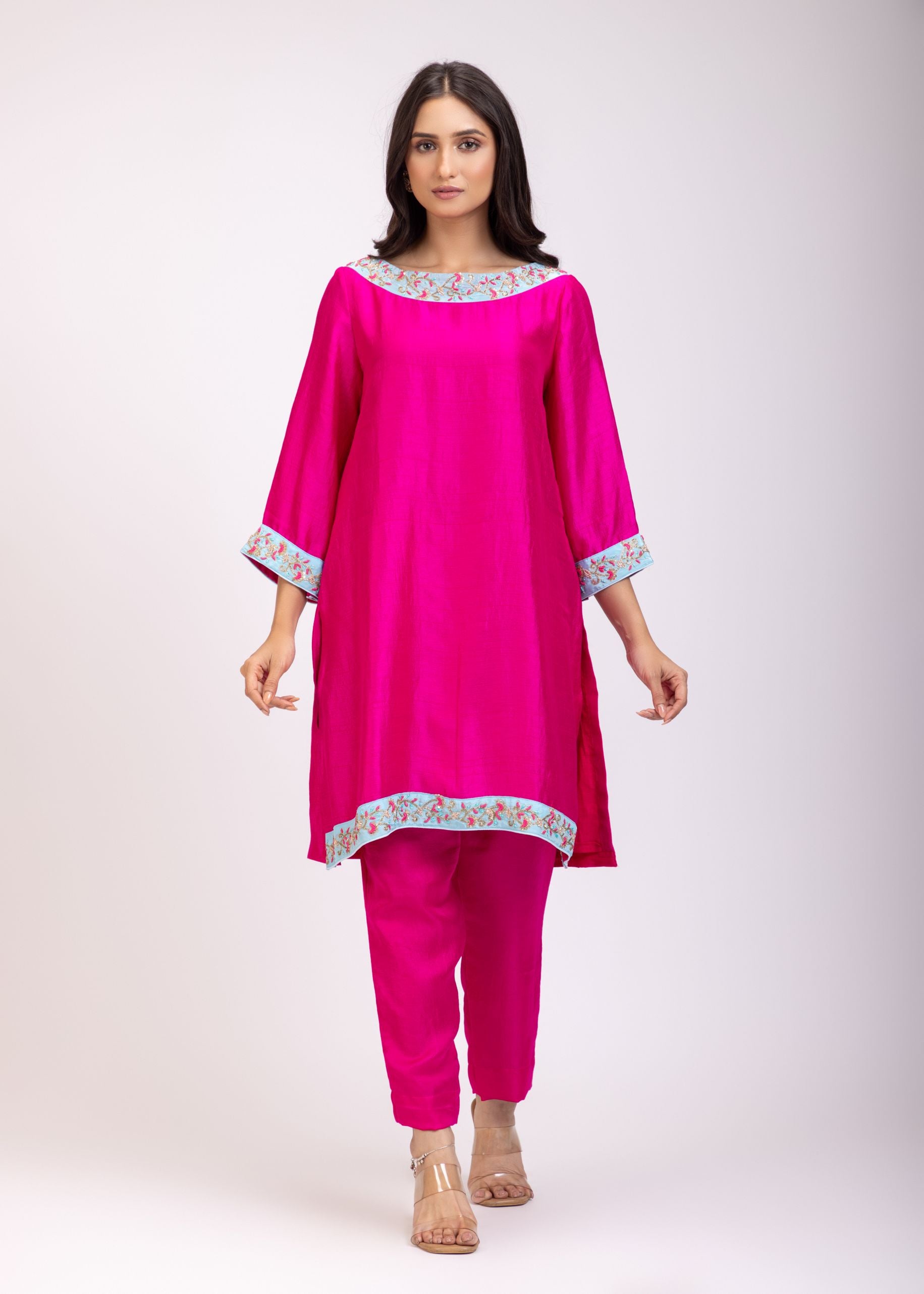 Pink Kurta Set With Embroidered Work Pencil Pant Full