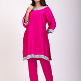 Pink Kurta Set With Embroidered Work Pencil Pant Front