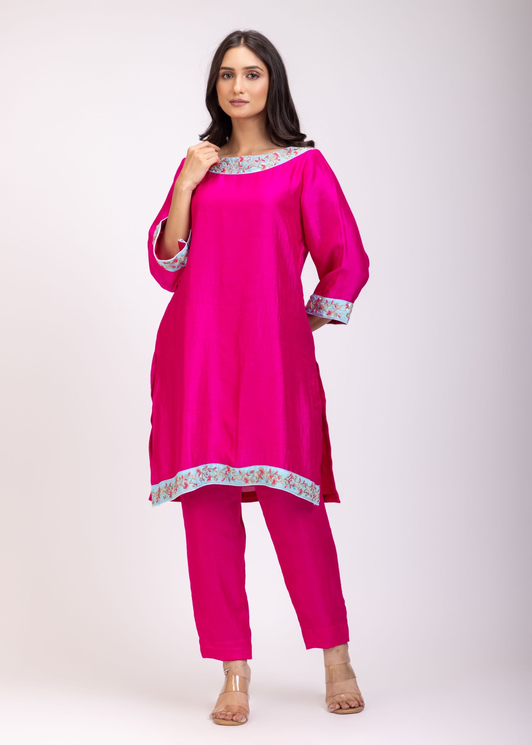Pink Kurta Set With Embroidered Work Pencil Pant Front