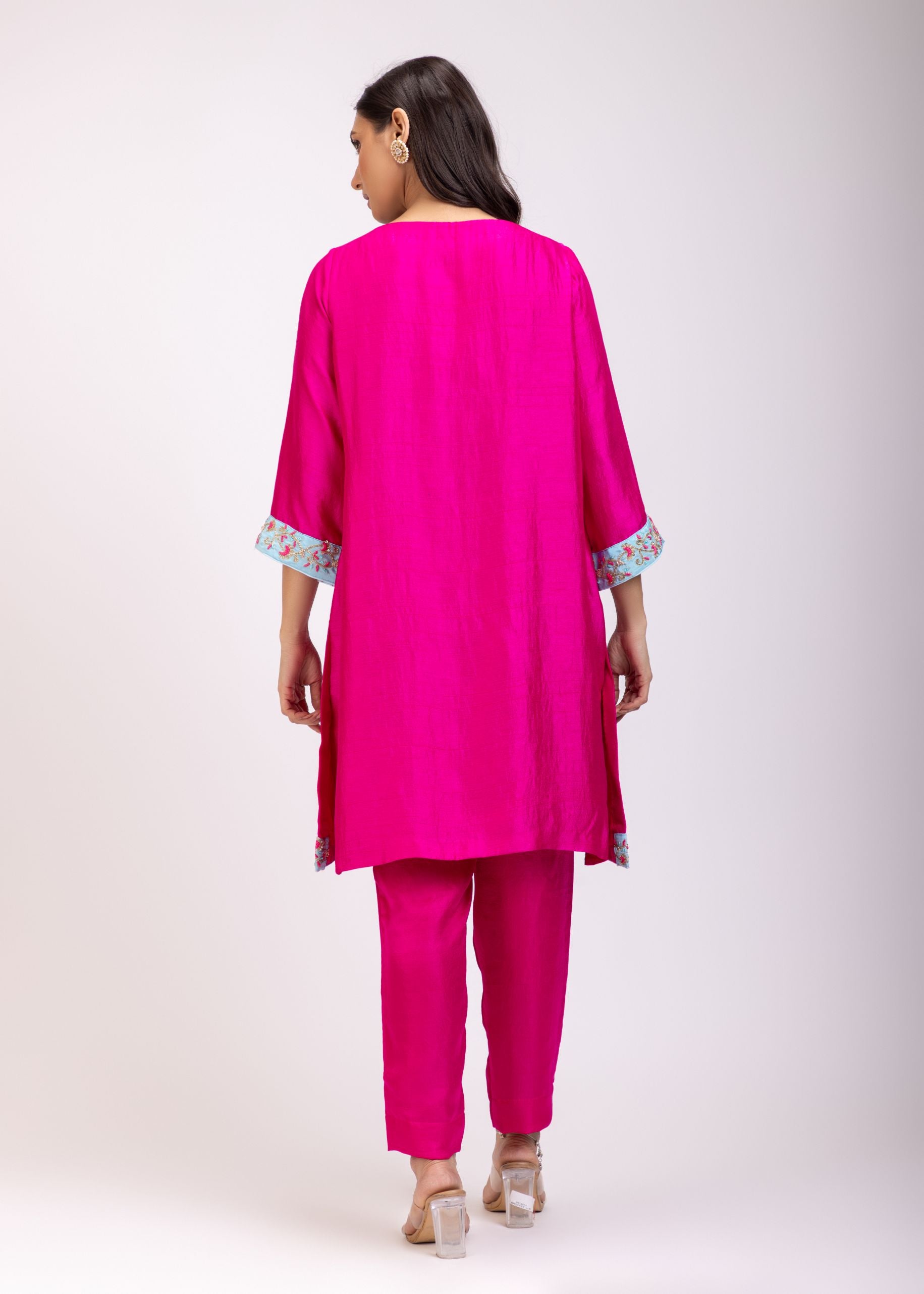 Pink Kurta Set With Embroidered Work Pencil Pant Back