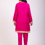 Pink Kurta Set With Golden Embroidery Pencil Pant Side Back