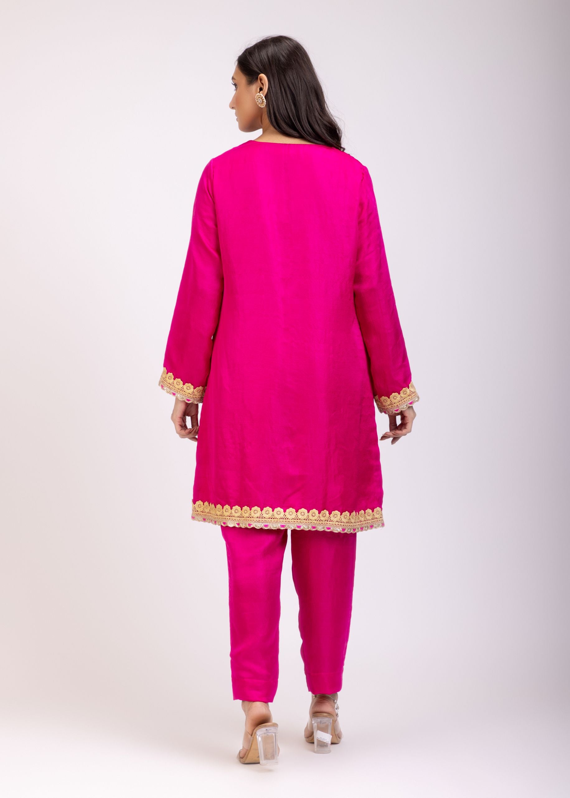 Pink Kurta Set With Golden Embroidery Pencil Pant Side Back