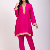 Pink Kurta Set With Golden Embroidery Pencil Pant Front