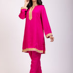 Pink Kurta Set With Golden Embroidery Pencil Pant Side