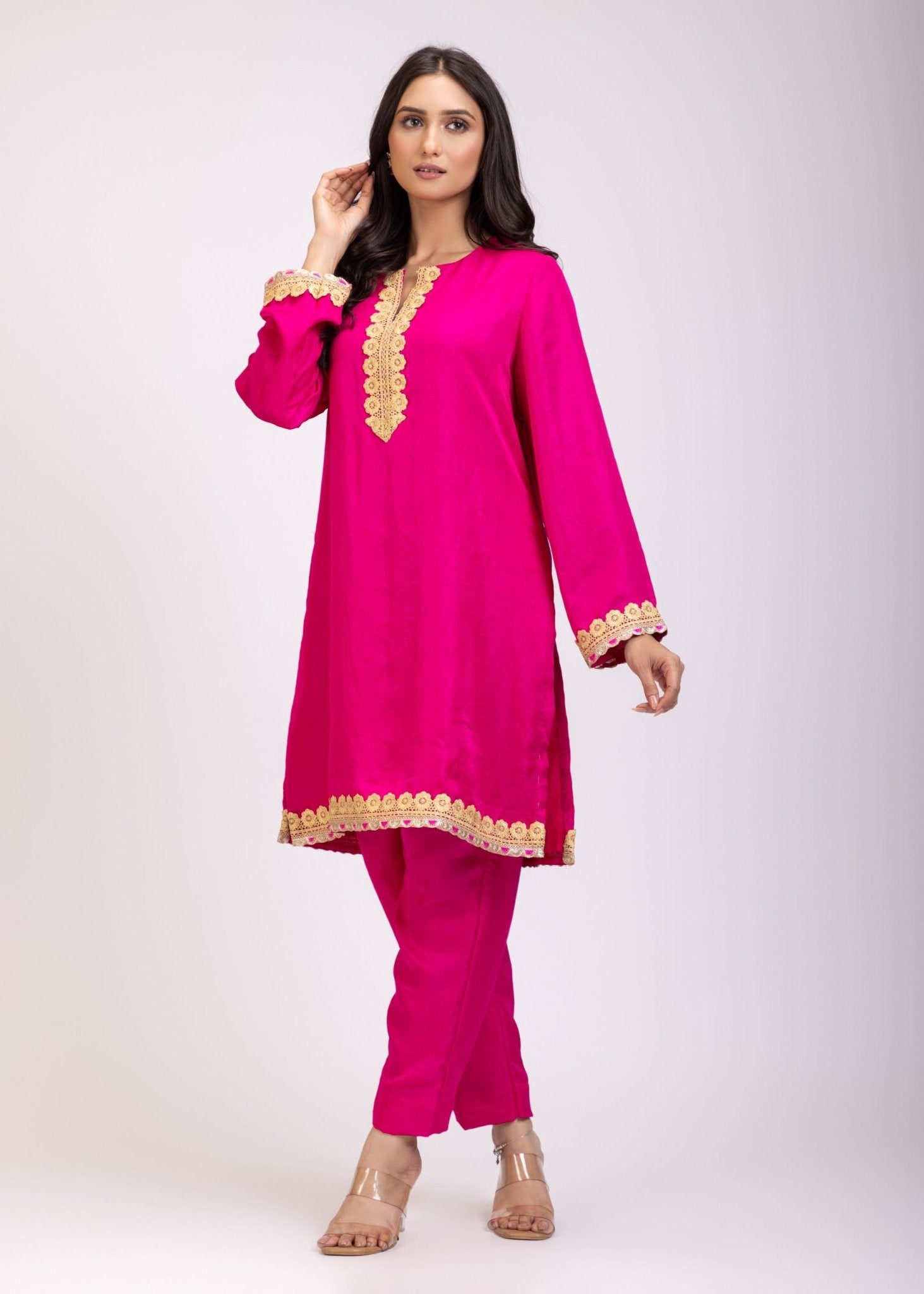 Pink Kurta Set With Golden Embroidery Pencil Pant - Anvi Couture