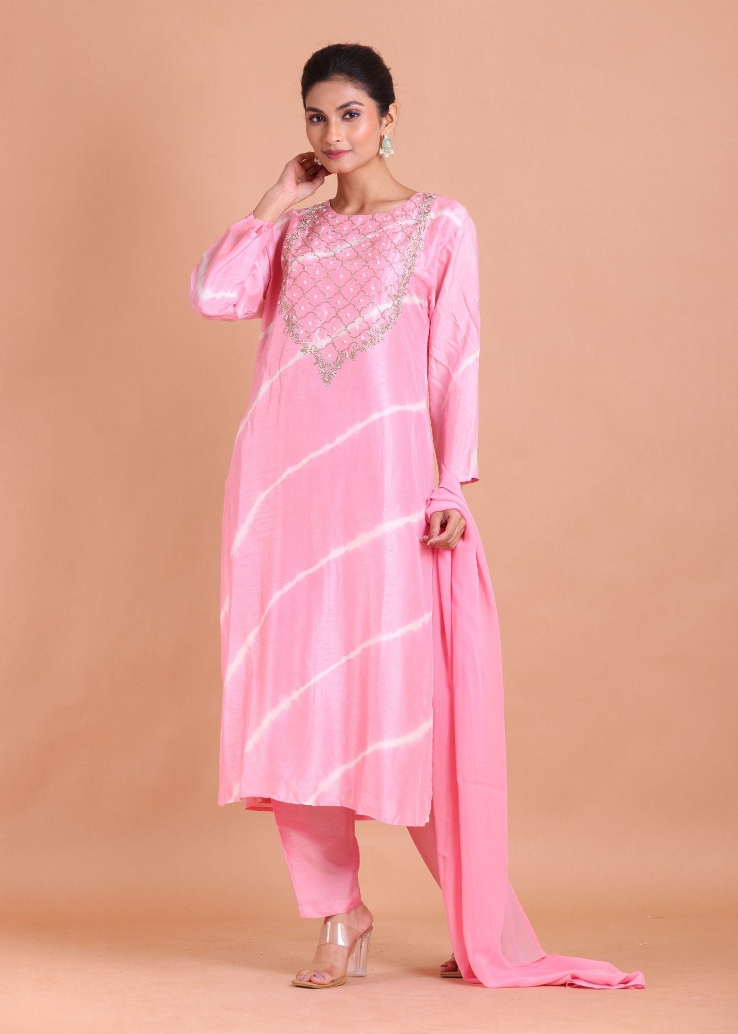 Pink Leheria Kurti Set with Gota Patti Embroidered - Anvi Couture