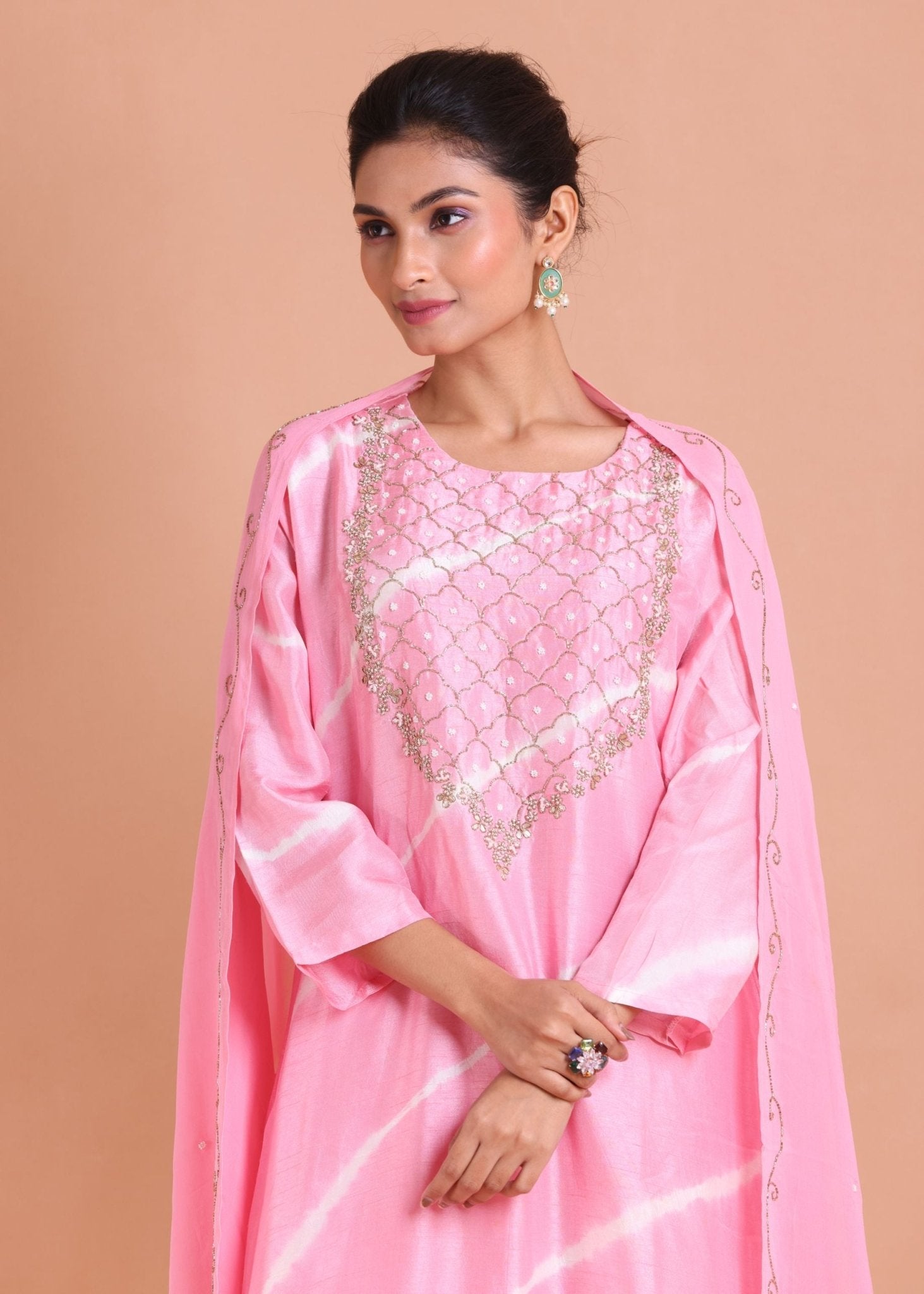 Pink Leheria Kurti Set with Gota Patti Embroidered - Anvi Couture
