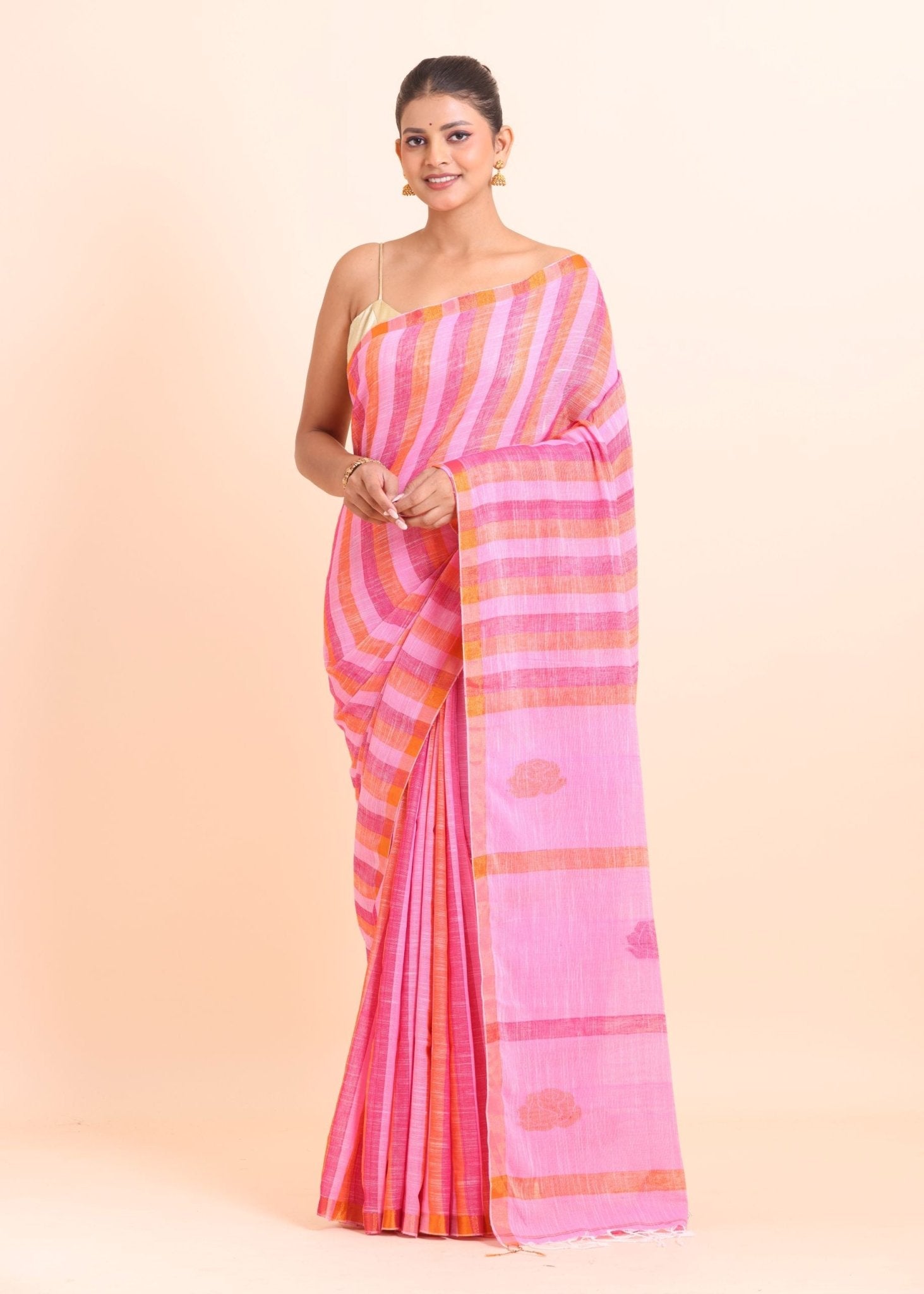 Pink Linen Handloom Saree - Anvi Couture