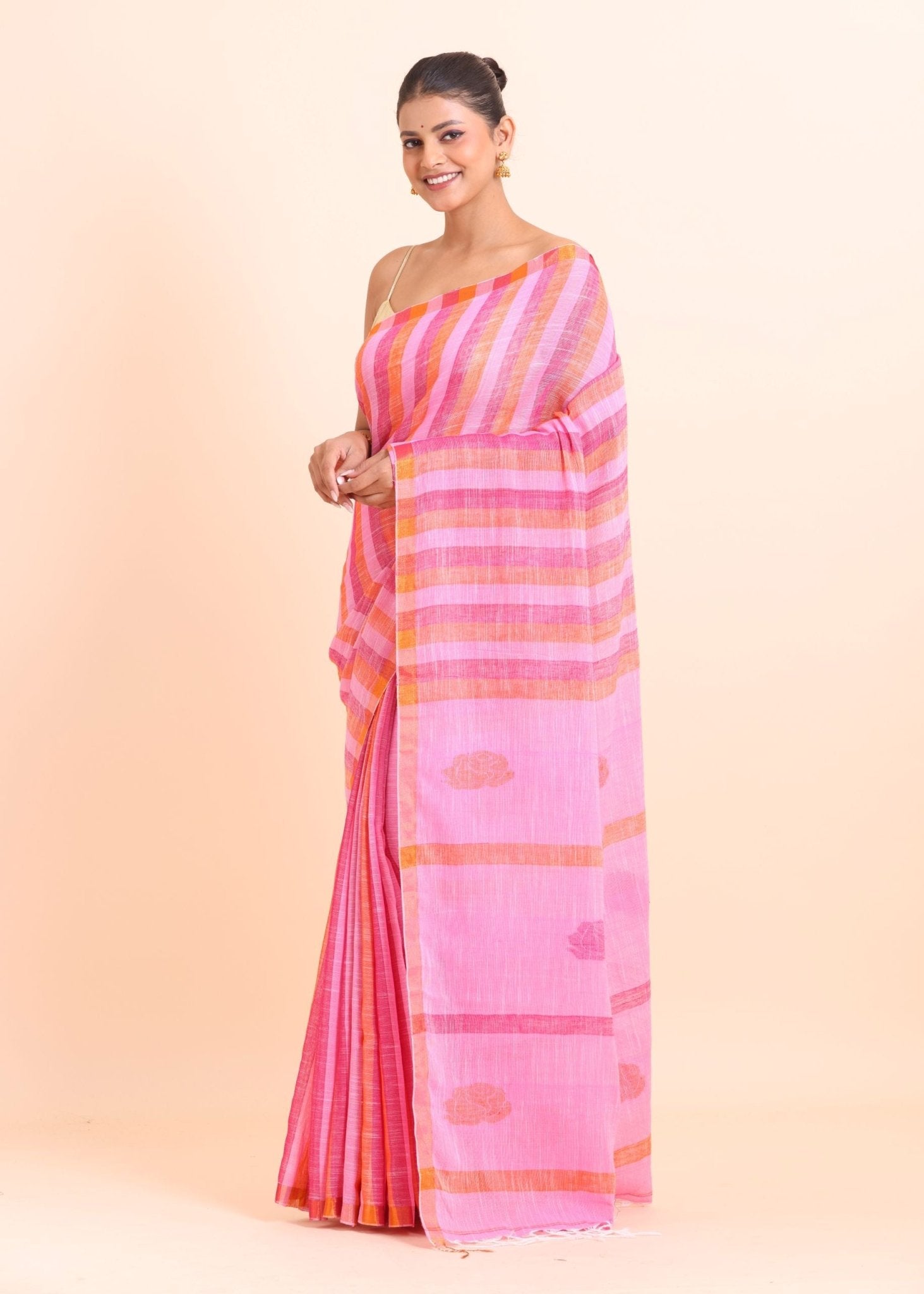 Pink Linen Handloom Saree - Anvi Couture