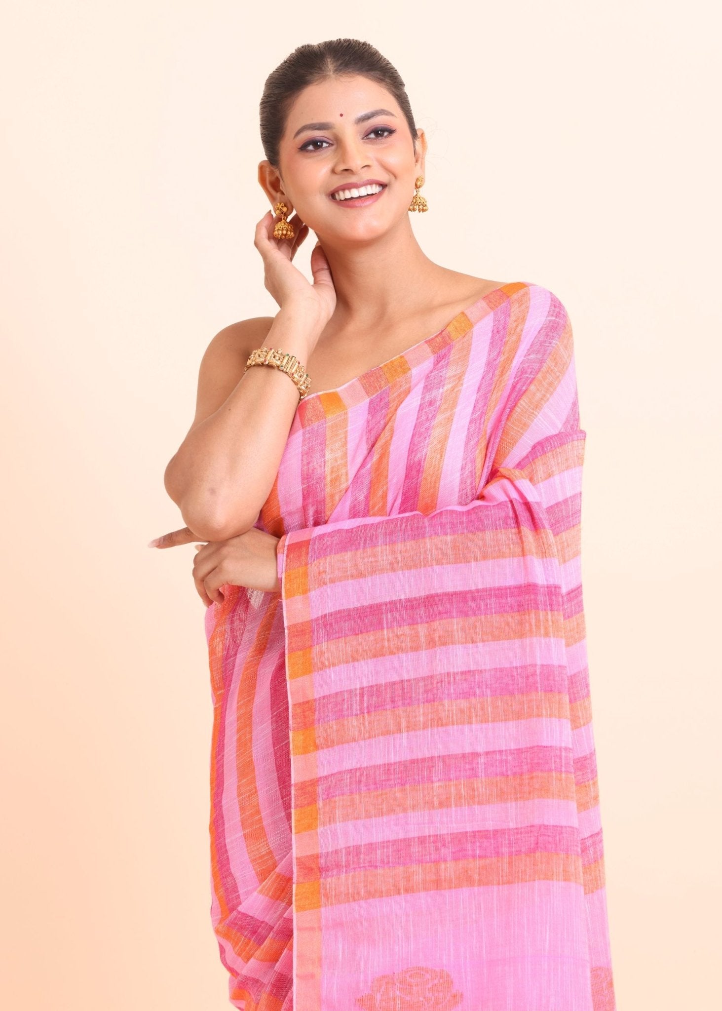 Pink Linen Handloom Saree - Anvi Couture