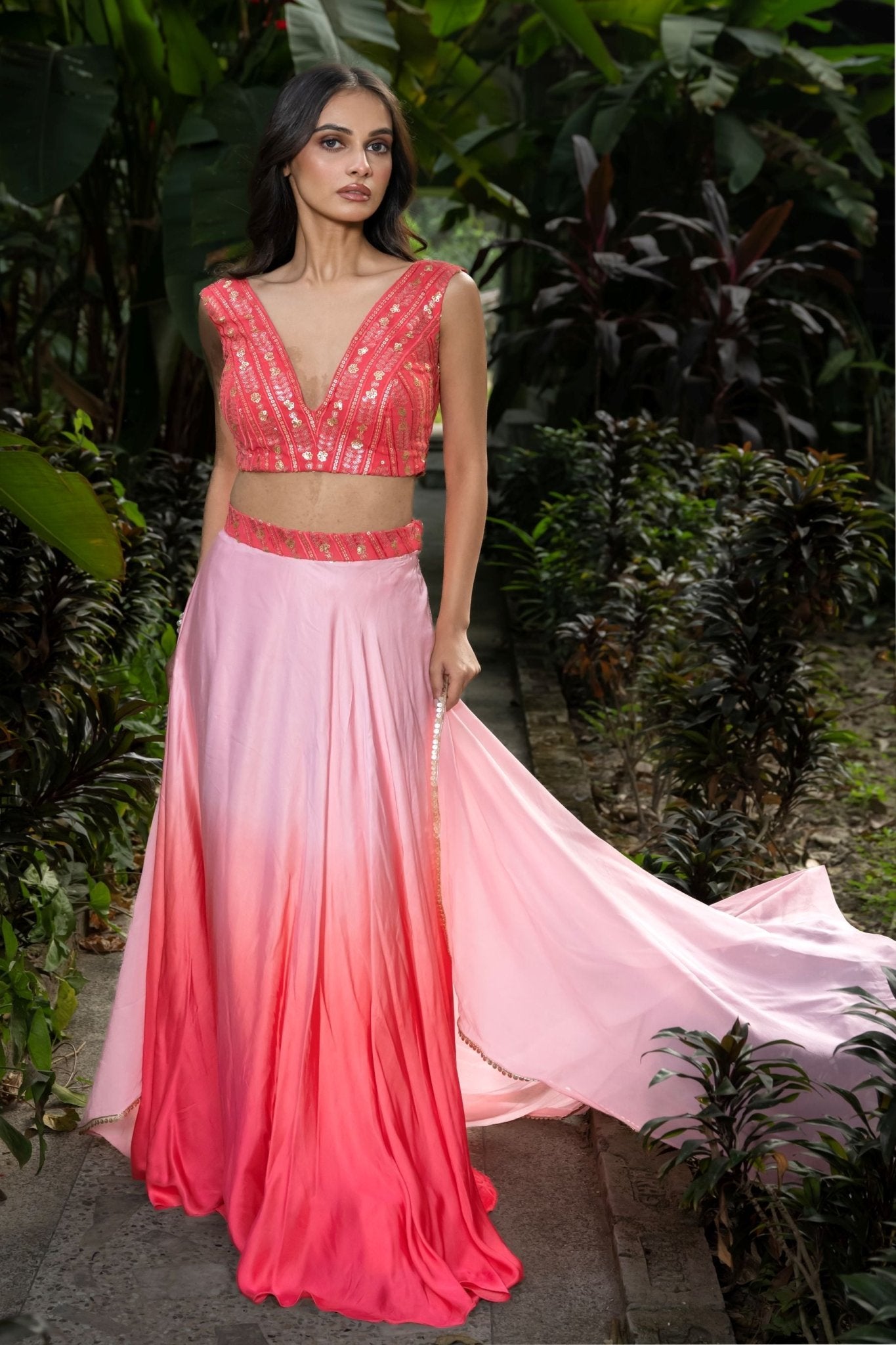 Pink Ombre Designer Lehenga Set with Embroidered Sequin Top - Anvi Couture