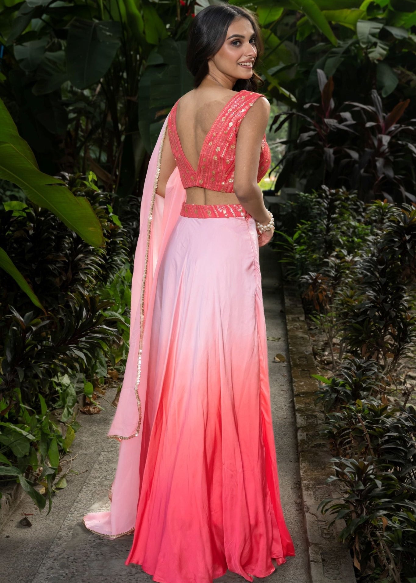 Pink Ombre Designer Lehenga Set with Embroidered Sequin Top - Anvi Couture