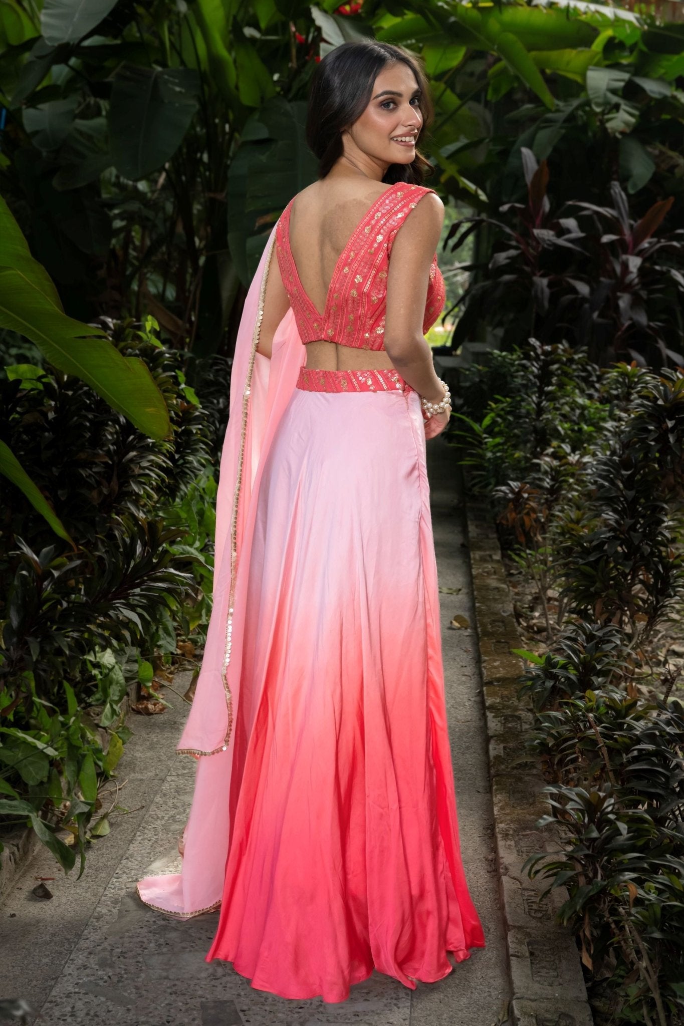 Pink Ombre Designer Lehenga Set with Embroidered Sequin Top - Anvi Couture