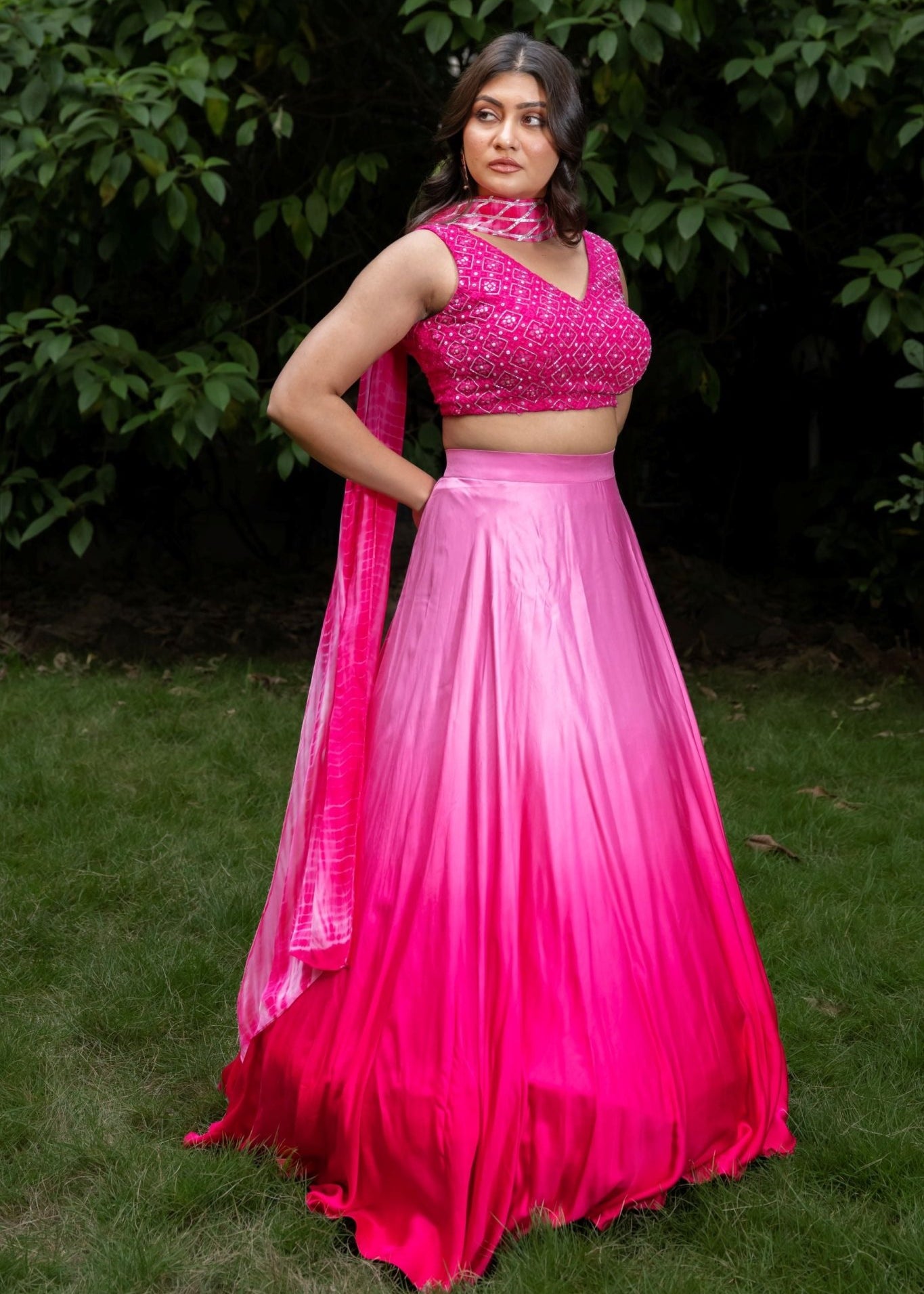 Pink Ombre Mirror Work Lehenga Set - Anvi Couture