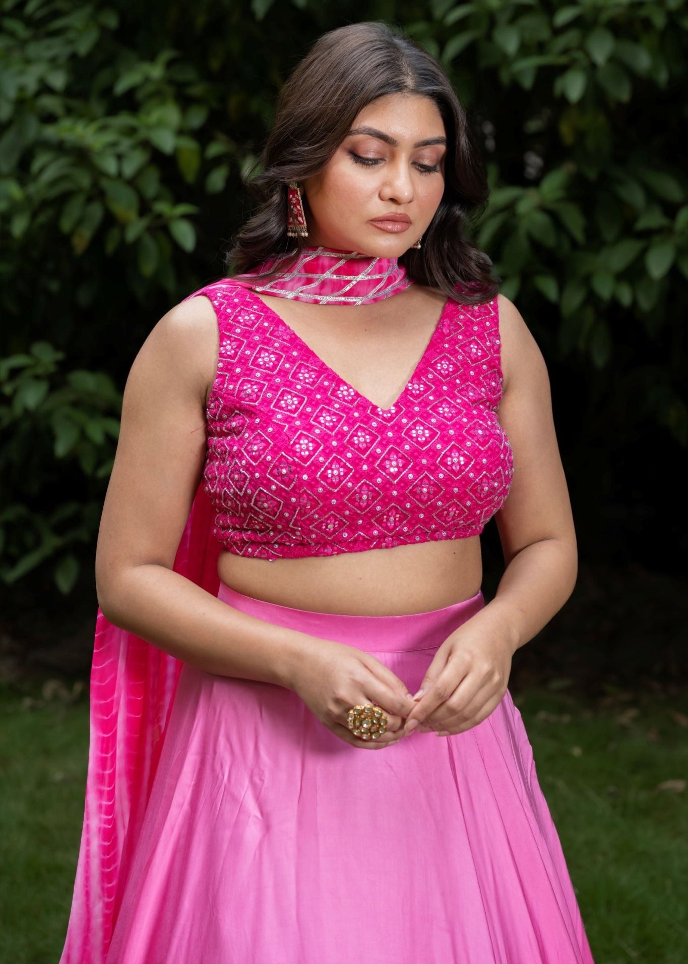 Pink Ombre Mirror Work Lehenga Set - Anvi Couture