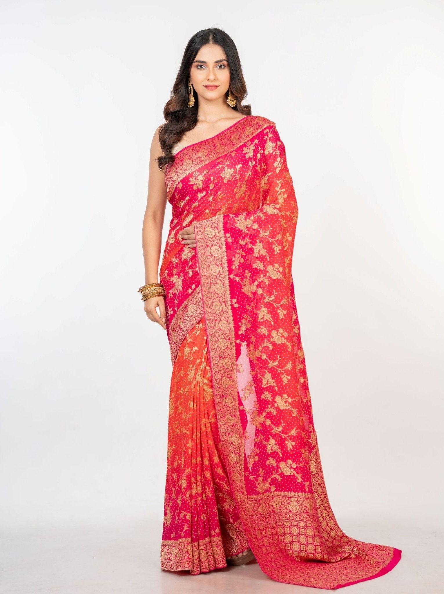 Pink Orange khaddi Georgette Bandhani Saree - Anvi Couture