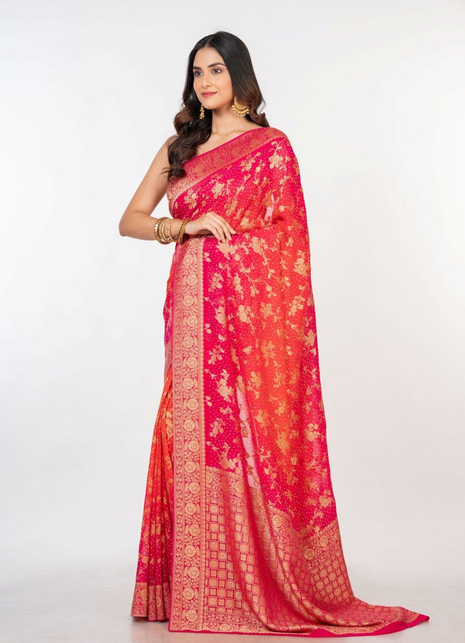 Pink Orange khaddi Georgette Bandhani Saree - Anvi Couture