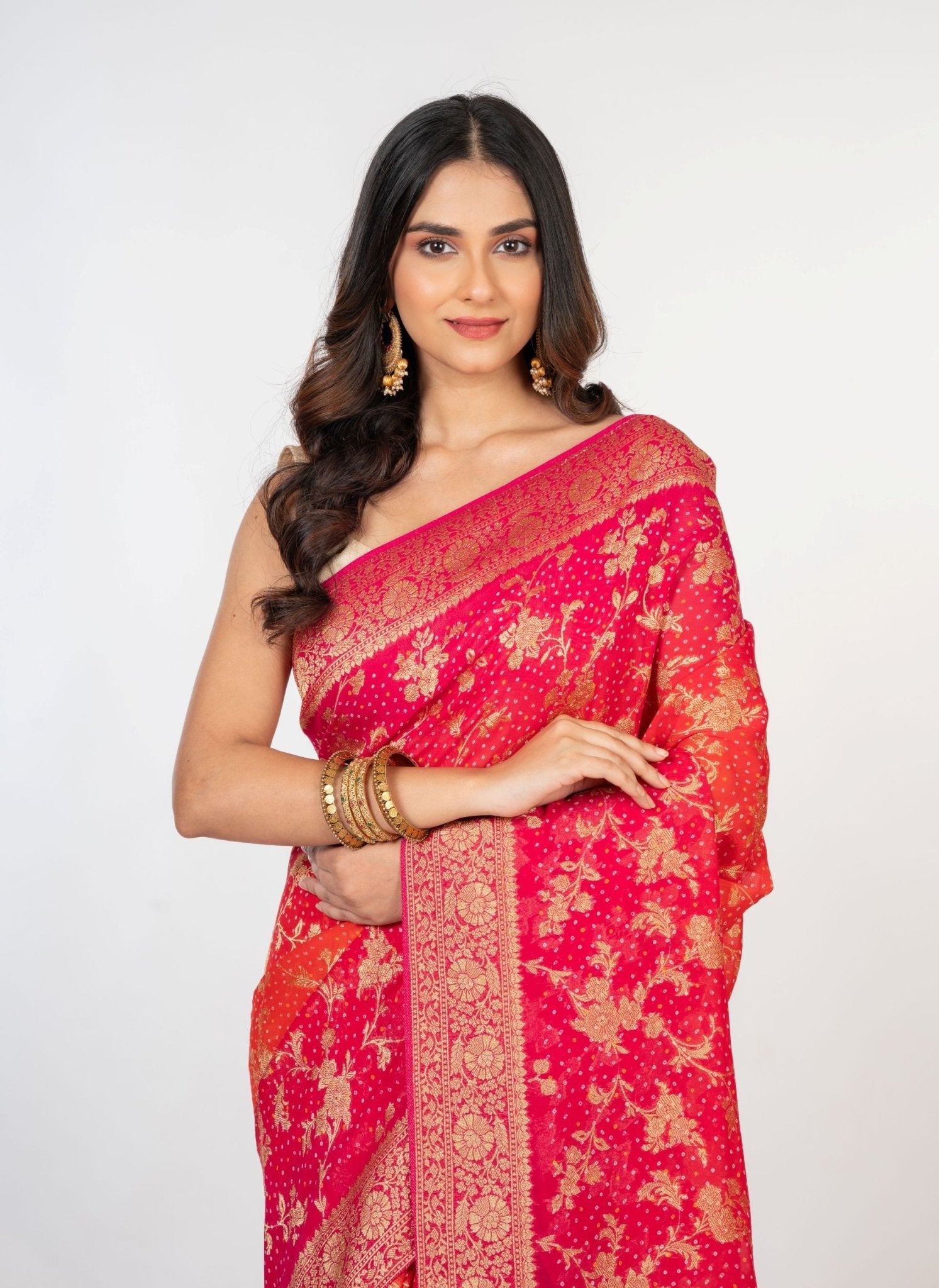 Pink Orange khaddi Georgette Bandhani Saree - Anvi Couture