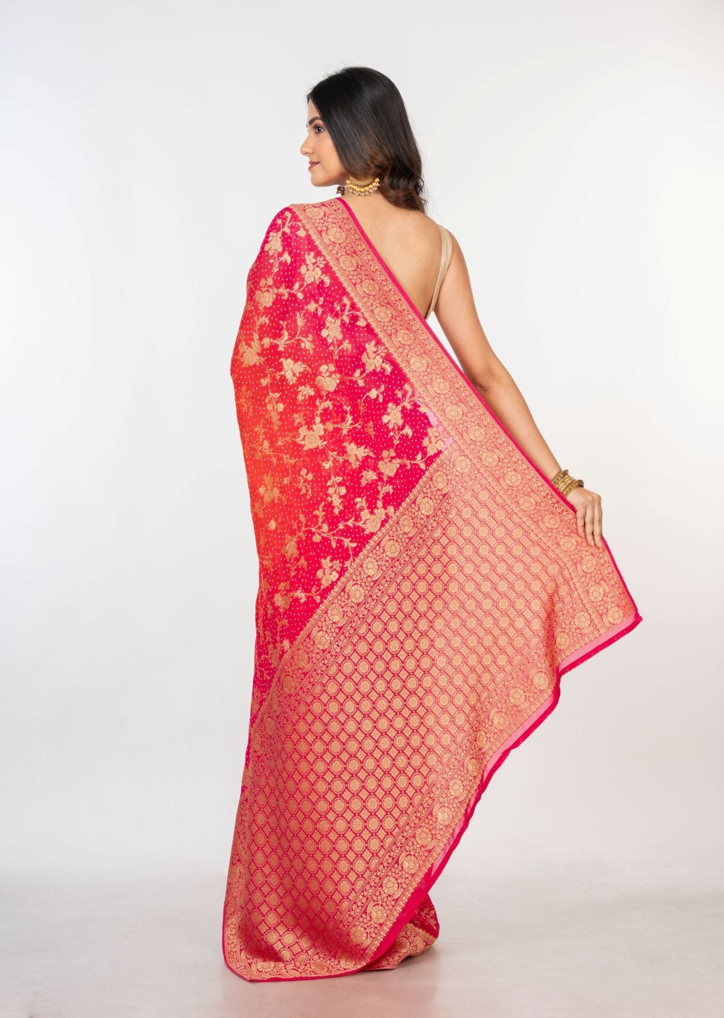 Pink Orange khaddi Georgette Bandhani Saree - Anvi Couture