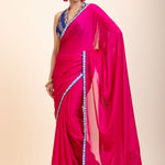 Pink Organza Designer Saree with Blue Hand Embroidered Border- Front
 