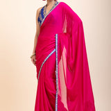 Pink Organza Designer Saree with Blue Hand Embroidered Border- Front
 