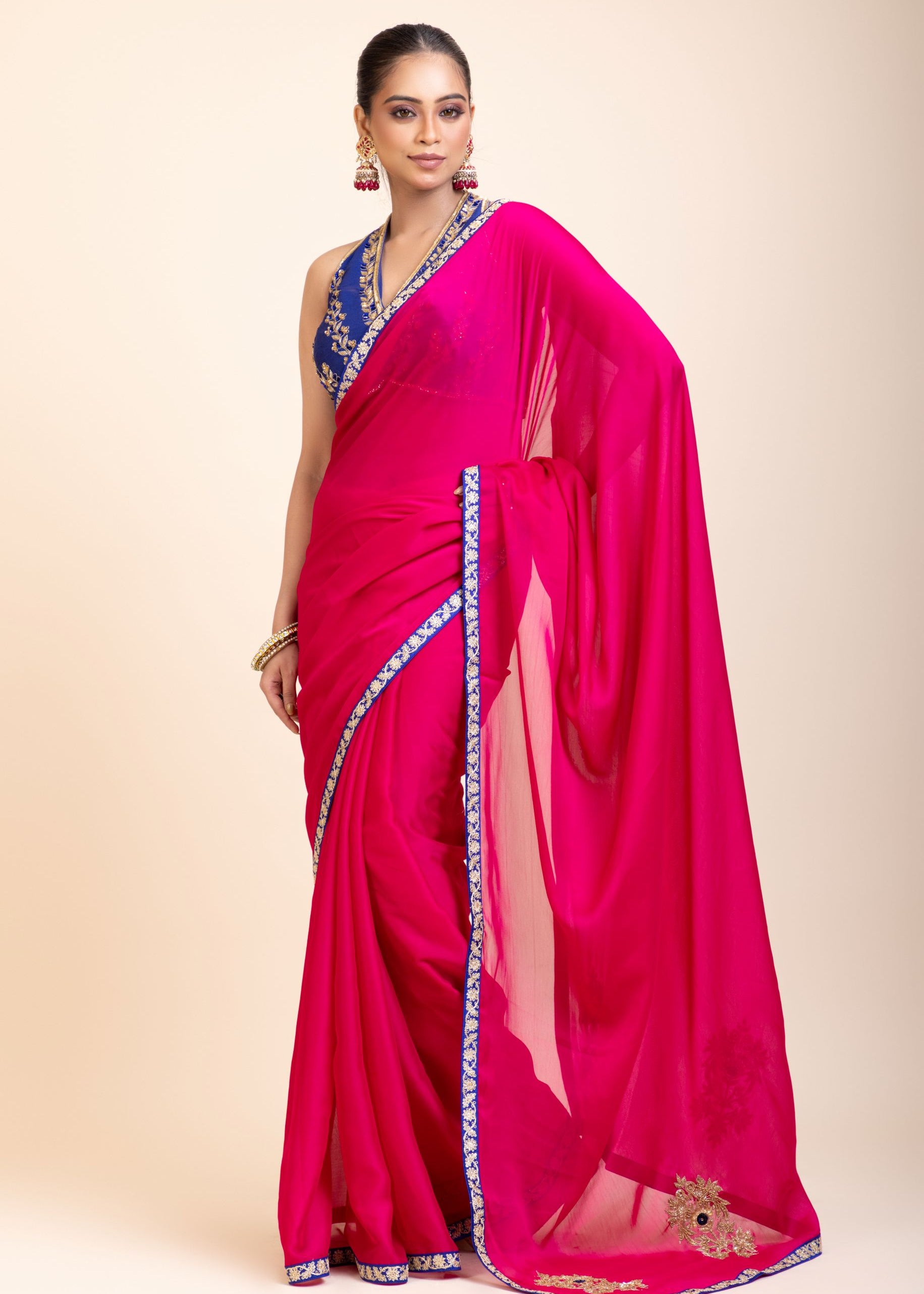 Pink Organza Designer Saree with Blue Hand Embroidered Border- Front
 