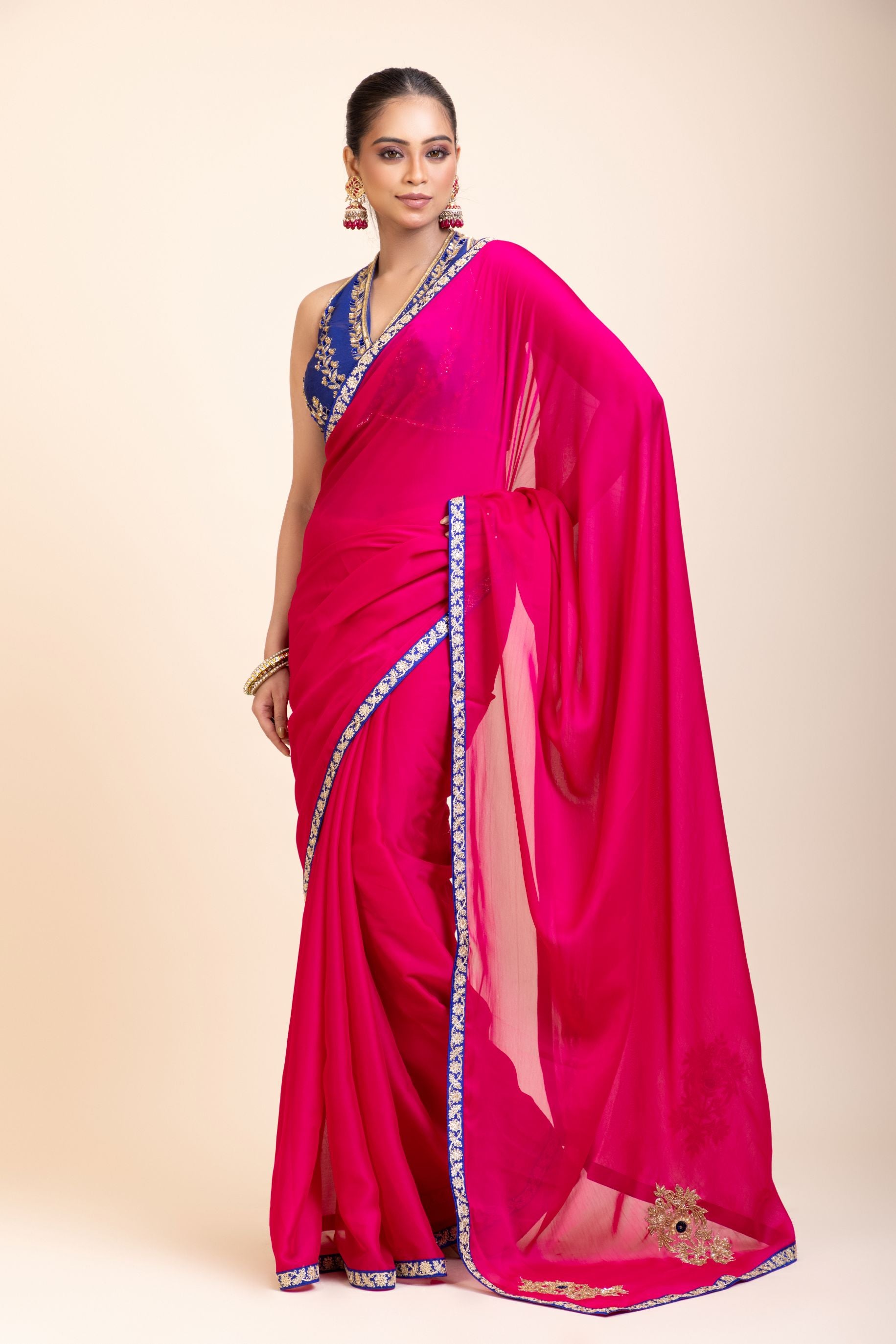 Pink Organza Designer Saree with Blue Hand Embroidered Border- Front
 