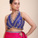 Pink Organza Designer Saree with Blue Hand Embroidered Border -Close
