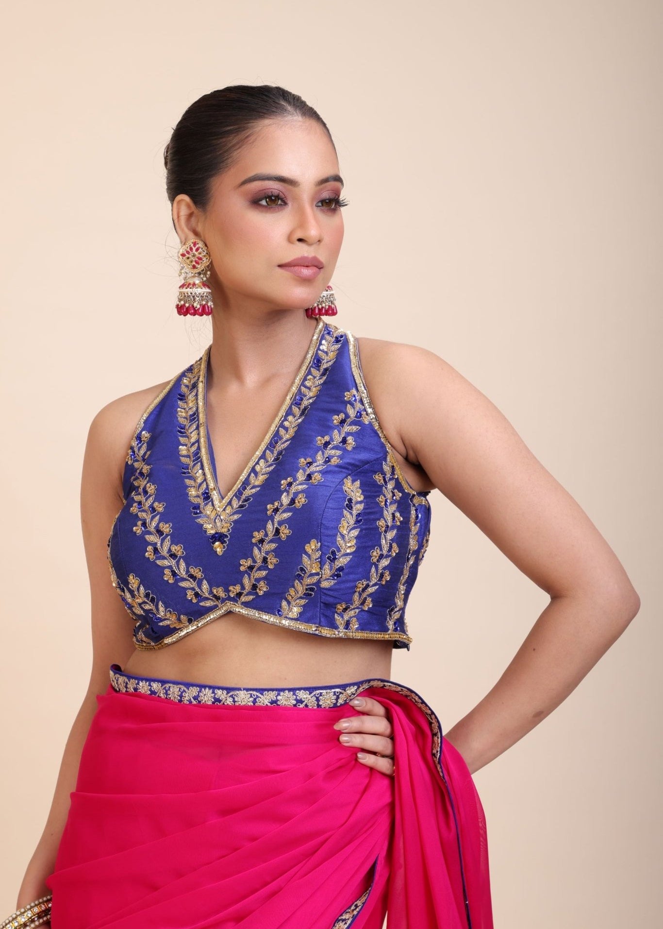 Pink Organza Designer Saree with Blue Hand Embroidered Border -Close
