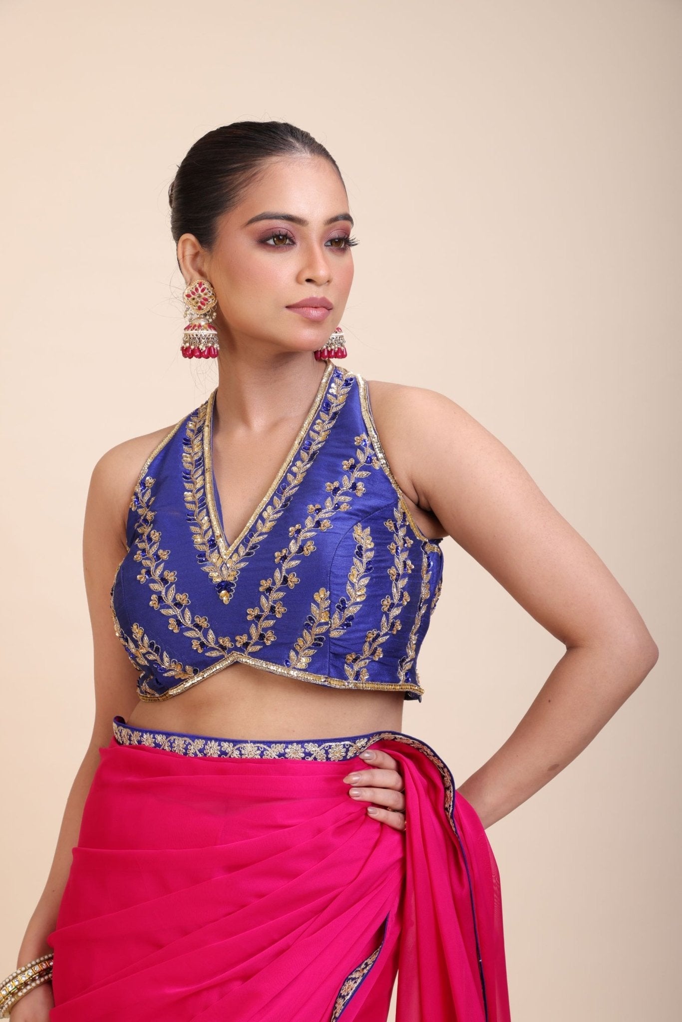 Pink Organza Designer Saree with Blue Hand Embroidered Border -Close

