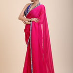 Pink Organza Designer Saree with Blue Hand Embroidered Border - Pallu
