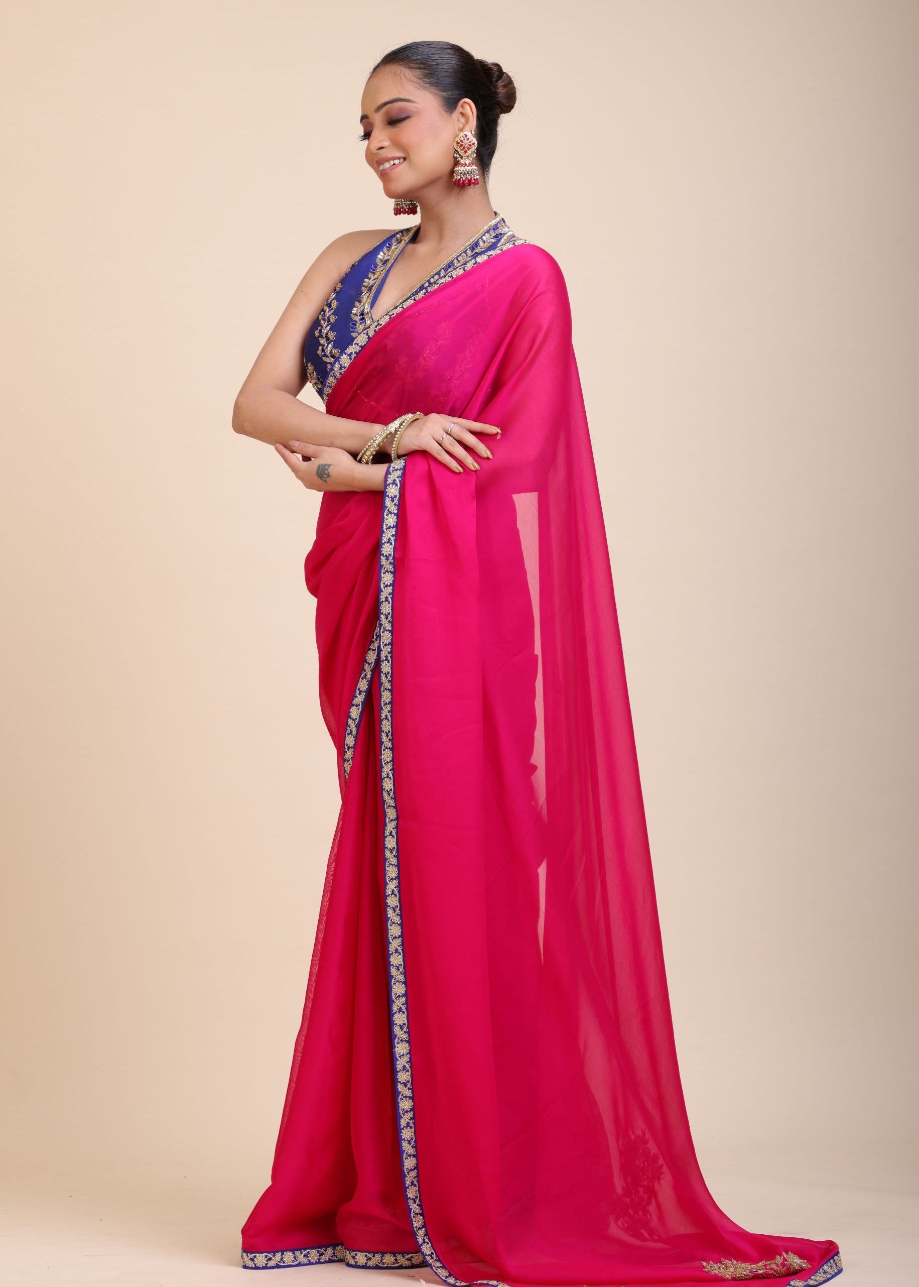 Pink Organza Designer Saree with Blue Hand Embroidered Border - Pallu
